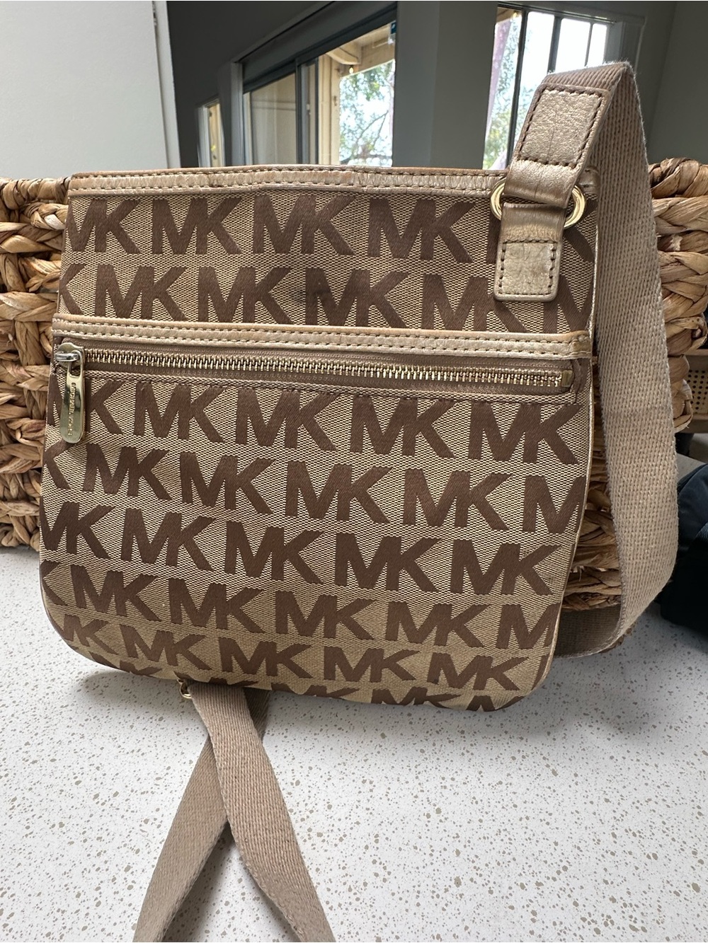 Michael Kors Beige and Brown MK Logo Messenger Bag